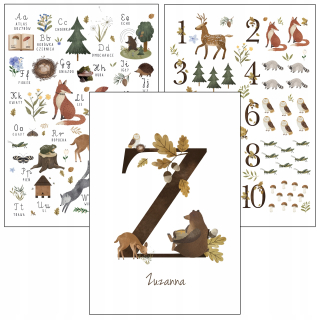 Obráz do detskej izby - Sada 3 plagátov A4 Forest Animal Abeceda Názov