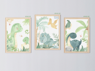 Obráz do detskej izby - Sada 3 plagátov dinosaury dinki A3