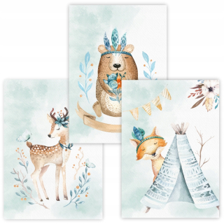 Obráz do detskej izby - Lesné zvieratá boho set 3 plagáty 30x40 #234