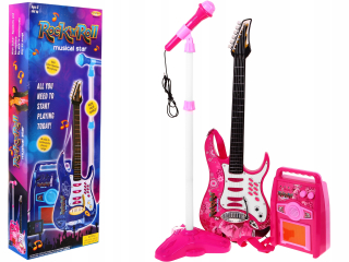Veľké ružové gitara + nastaviteľný stojan + mikrofón