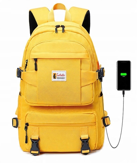 Školský/Mládežnícky batoh s USB portom a priestorom na laptop - Žltý