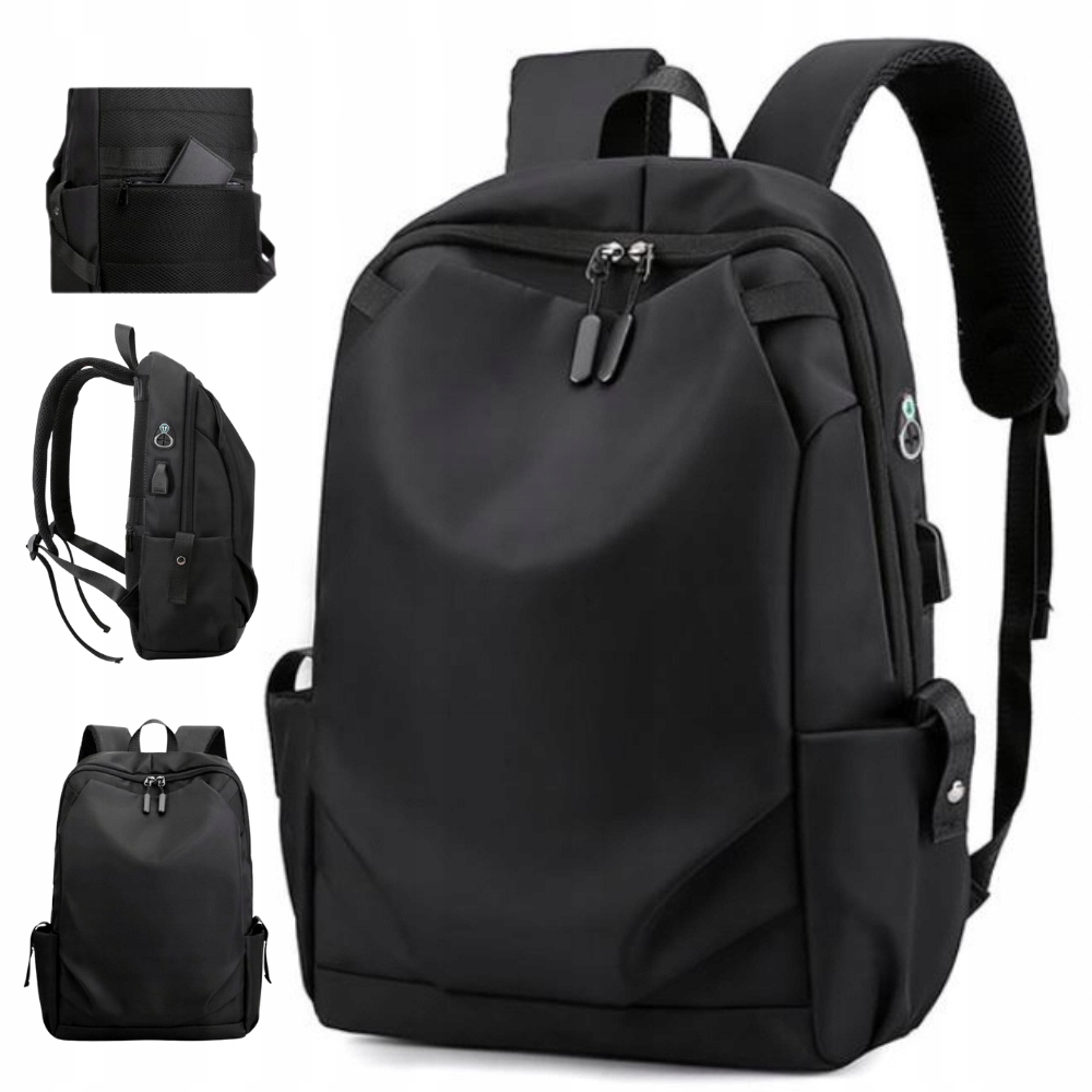 Mestský cestovný školský batoh na laptop s USB - vodoodolný a čierny